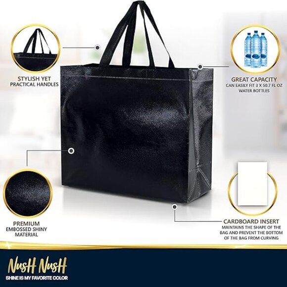 Black Gift Bags Large Size –Set of 12 Shiny Black Reusable Gift Bags With Handle - Picture 3 of 4